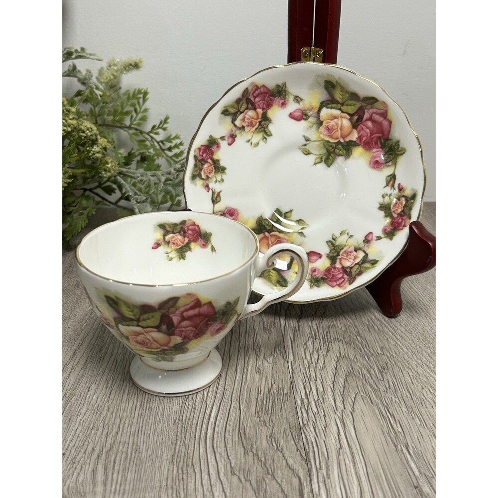 Vintage Royal Tuscan Fine China Tea Cup & Saucer Pink And Yellow Roses Gold Trim